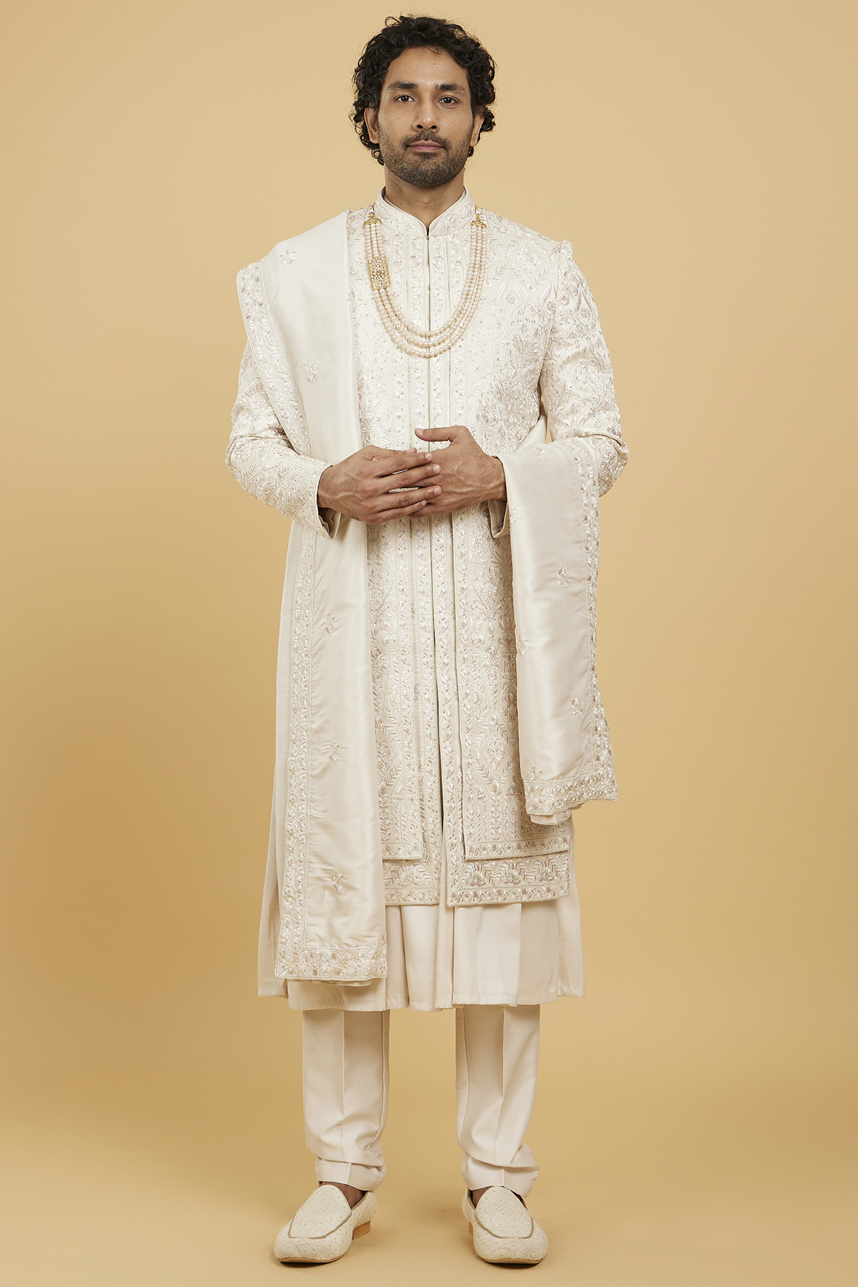 Beige Art Silk Thread Embroidered Sherwani Set by Twamev
