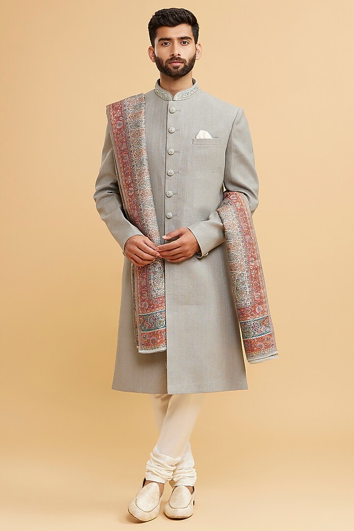 Light Green Blended Viscose Wedding Sherwani Set by Twamev at Pernia's Pop Up Shop