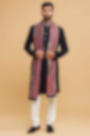 Dark Blue Blended Rayon Wedding Sherwani Set by Twamev at Pernia's Pop Up Shop