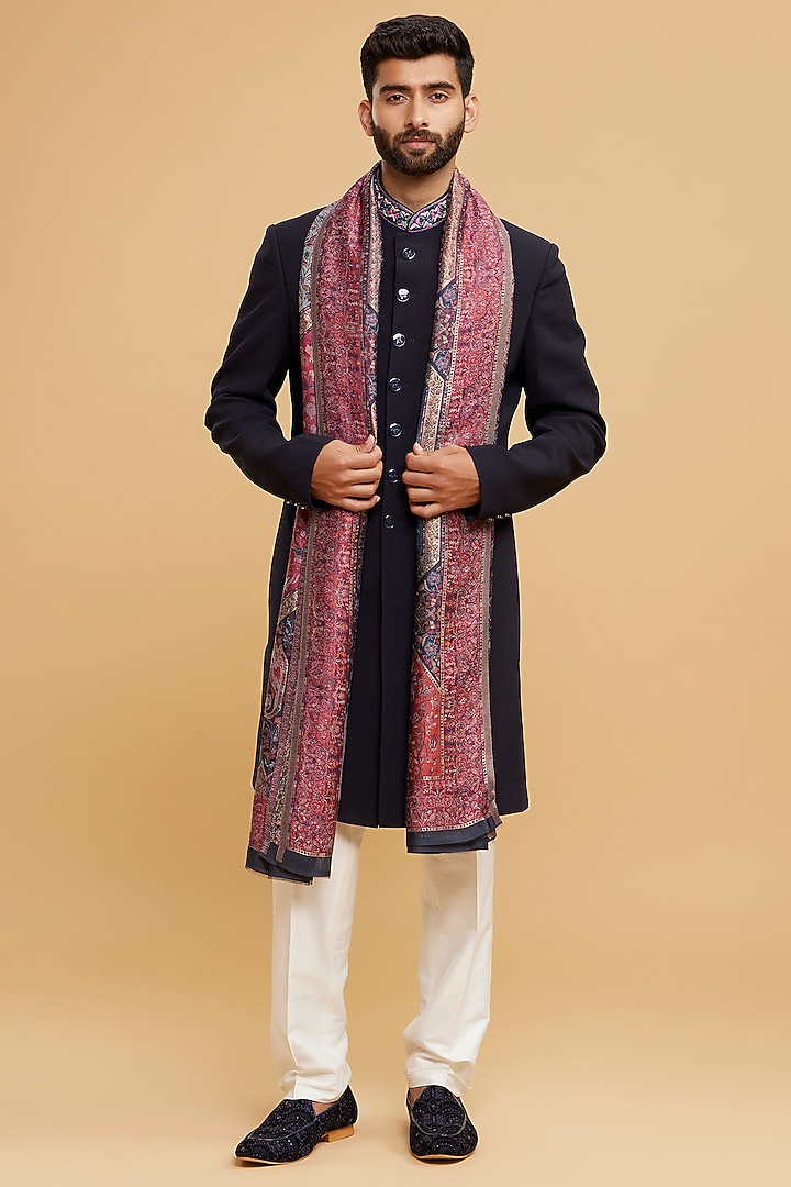 Dark Blue Blended Rayon Wedding Sherwani Set by Twamev at Pernia's Pop Up Shop