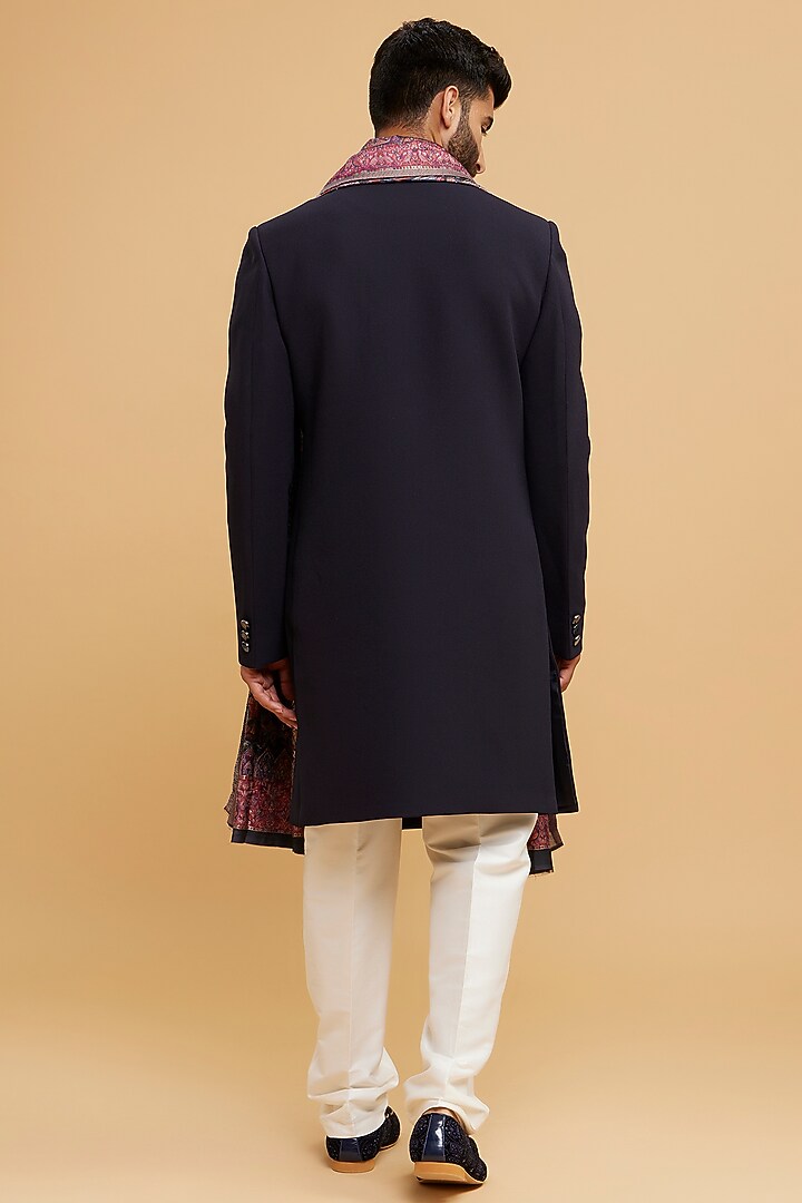 Dark Blue Blended Rayon Wedding Sherwani Set by Twamev at Pernia's Pop Up Shop