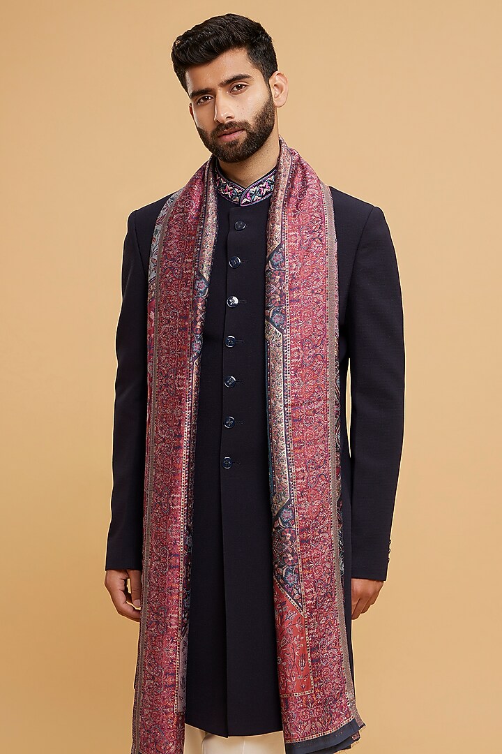 Dark Blue Blended Rayon Wedding Sherwani Set by Twamev at Pernia's Pop Up Shop