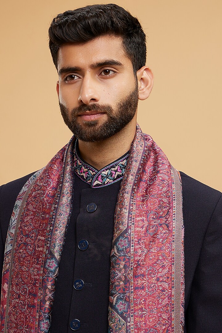 Dark Blue Blended Rayon Wedding Sherwani Set by Twamev at Pernia's Pop Up Shop