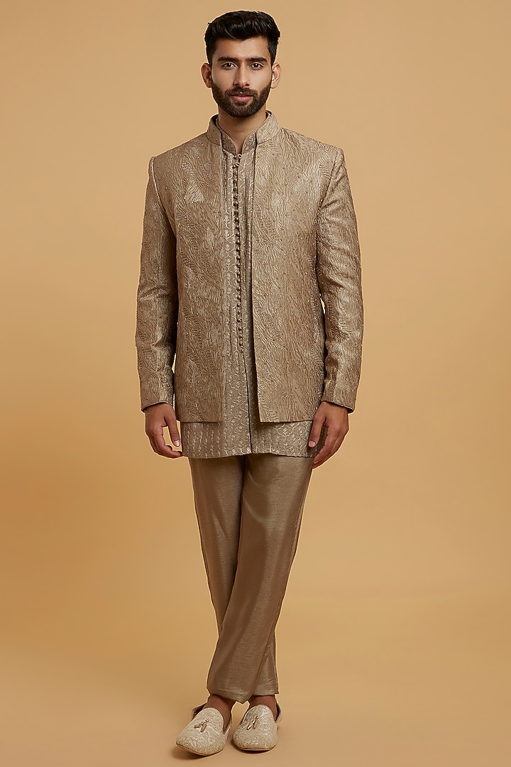 Brown Art Silk Embroidered Wedding Indowestern Set by Twamev at Pernia's Pop Up Shop