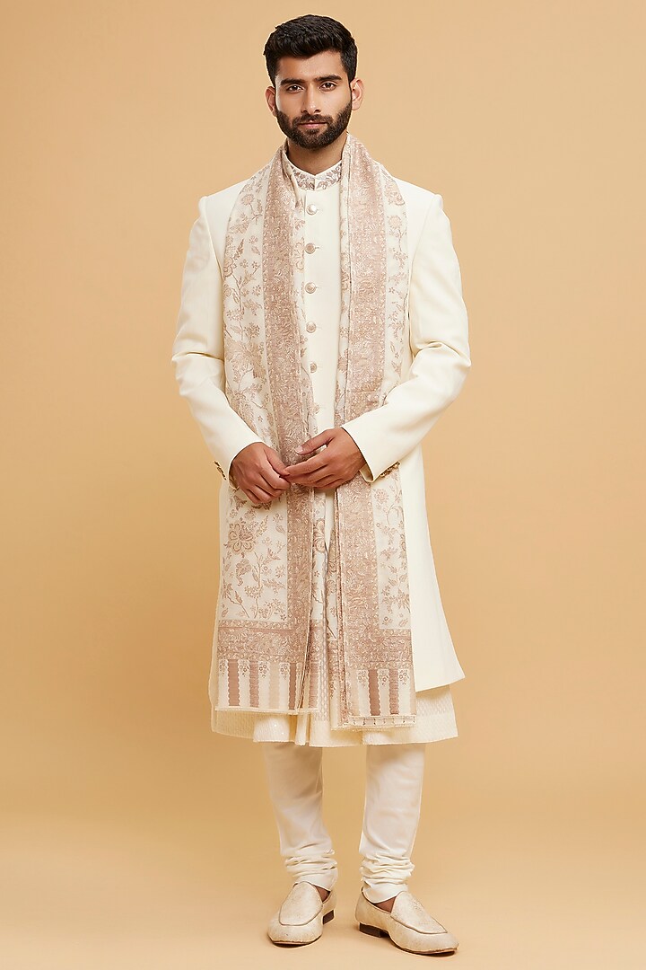 Cream Blended Rayon Wedding Sherwani Set by Twamev at Pernia's Pop Up Shop