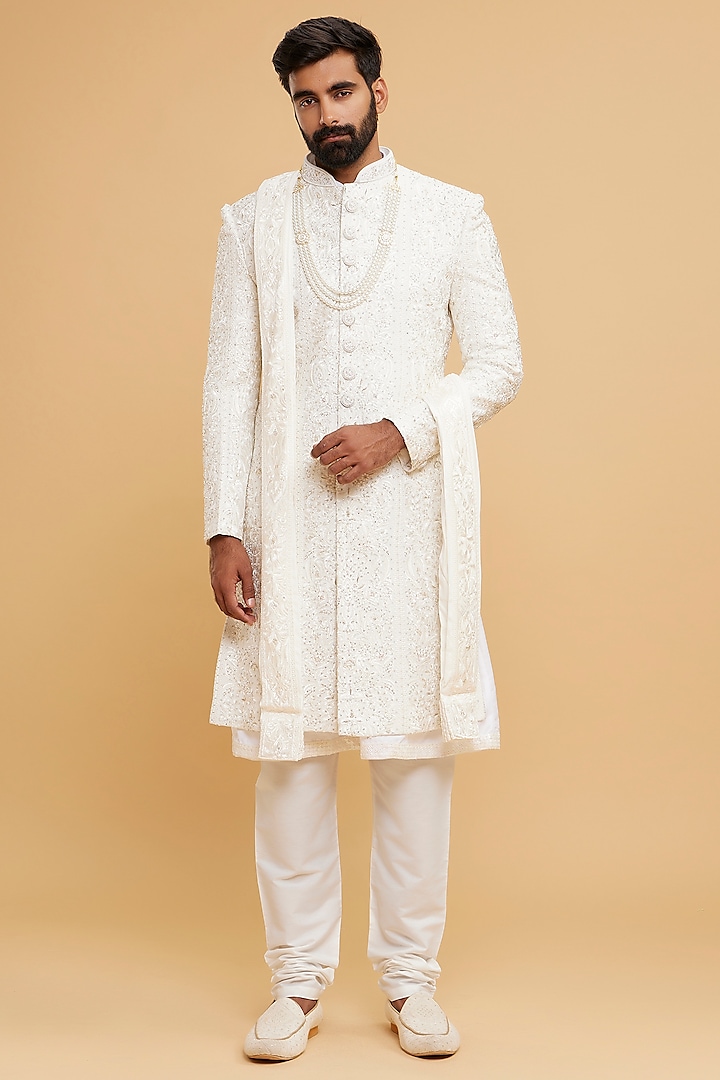 Cream Georgette Embroidered Sherwani Set by Twamev