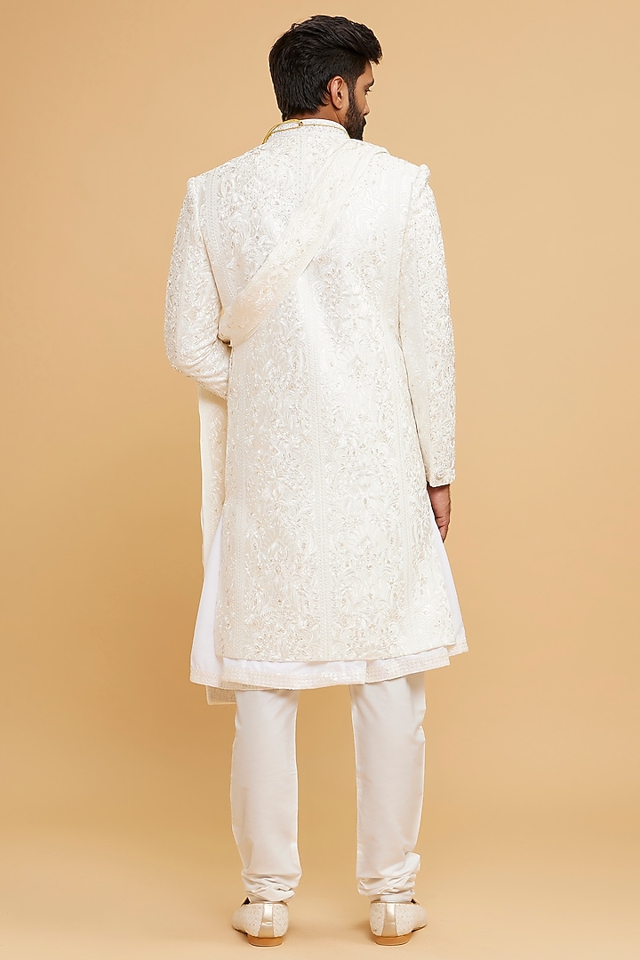 Cream Georgette Embroidered Wedding Sherwani Set by Twamev at Pernia's Pop Up Shop