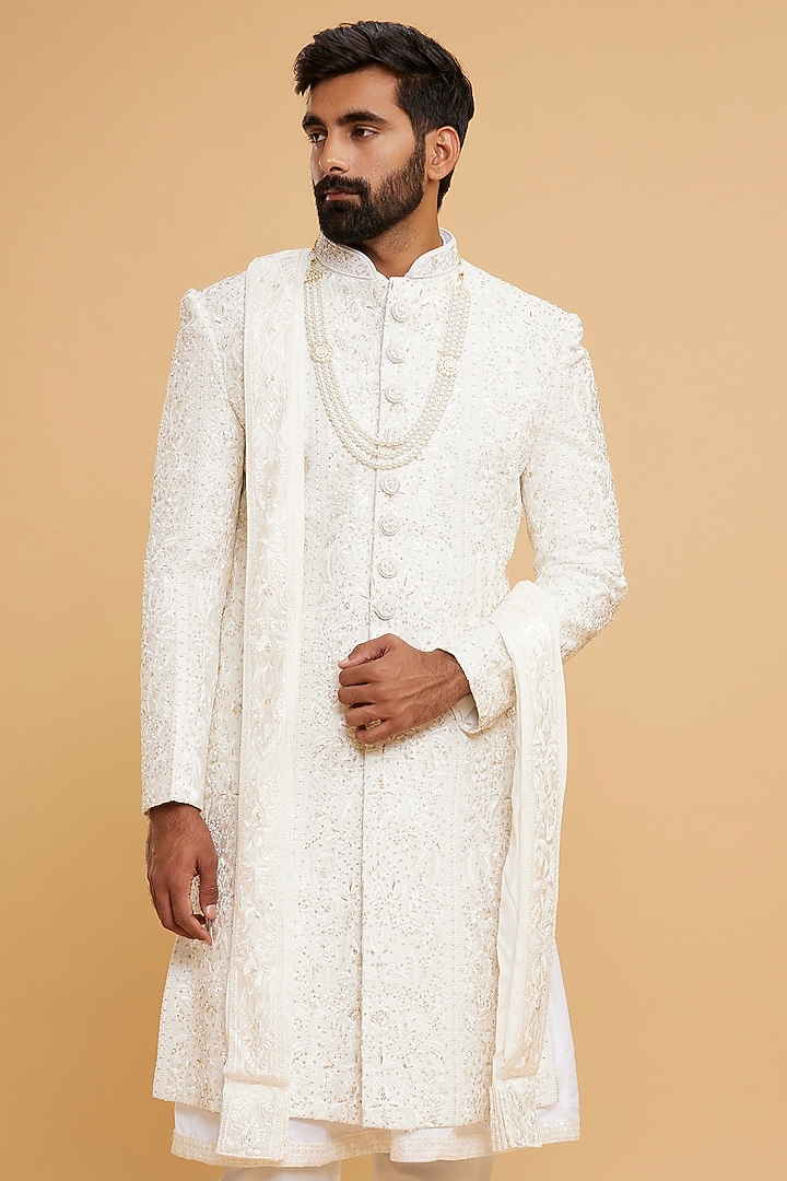 Cream Georgette Embroidered Wedding Sherwani Set by Twamev at Pernia's Pop Up Shop