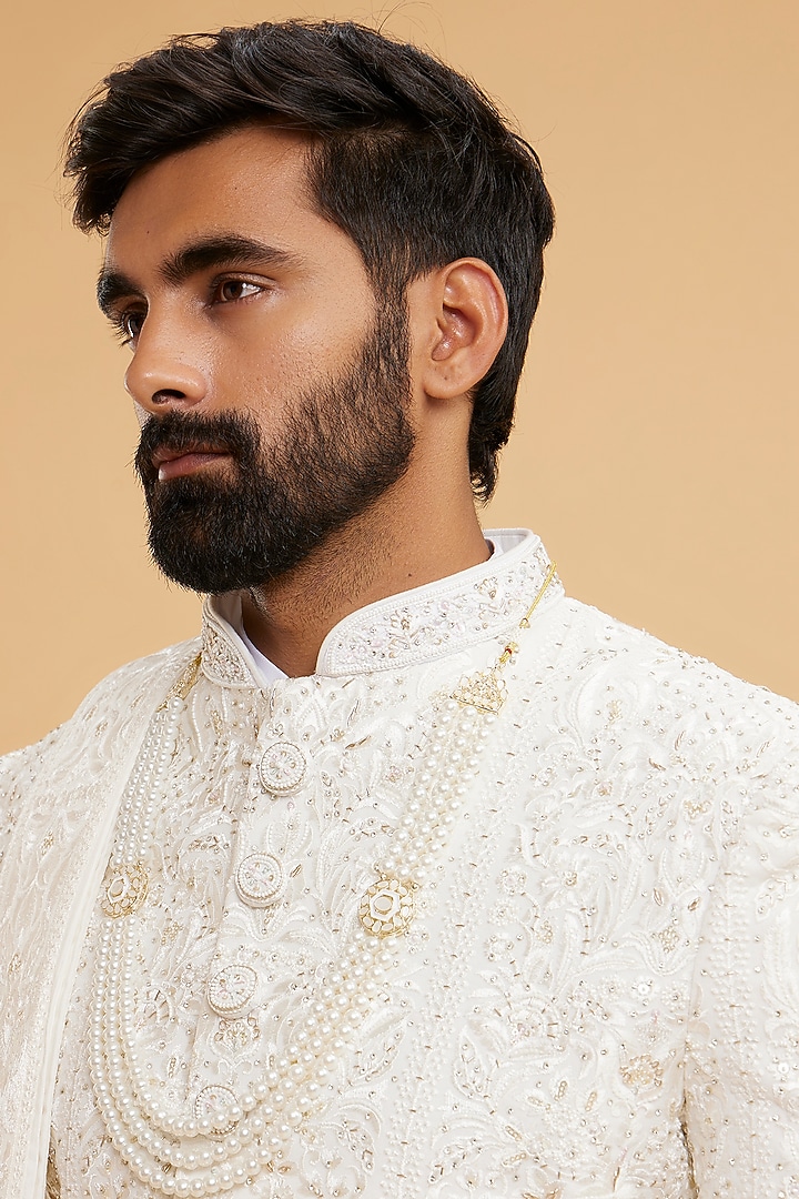 Cream Georgette Embroidered Wedding Sherwani Set by Twamev at Pernia's Pop Up Shop