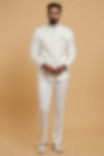 Warm White Blended Rayon Hand Embroidered Jodhpuri Set by Twamev