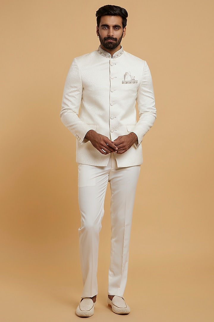 Warm White Blended Rayon Hand Embroidered Jodhpuri Set by Twamev