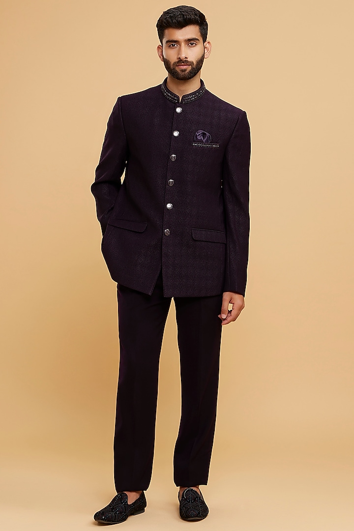Purple Blended Rayon Hand Embroidered Jodhpuri Set by Twamev