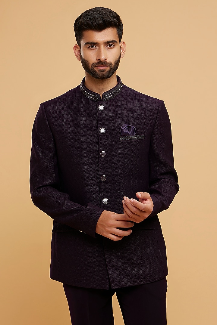 Purple Blended Rayon Hand Embroidered Jodhpuri Set by Twamev at Pernia's Pop Up Shop