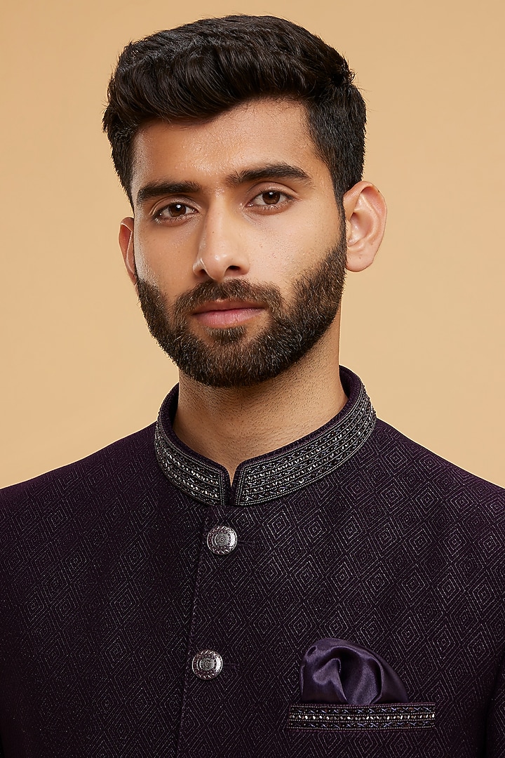 Purple Blended Rayon Hand Embroidered Jodhpuri Set by Twamev at Pernia's Pop Up Shop