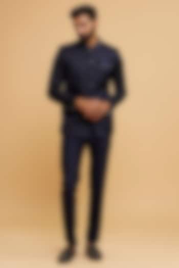 Dark Blue Brocade Jodhpuri Set by Twamev