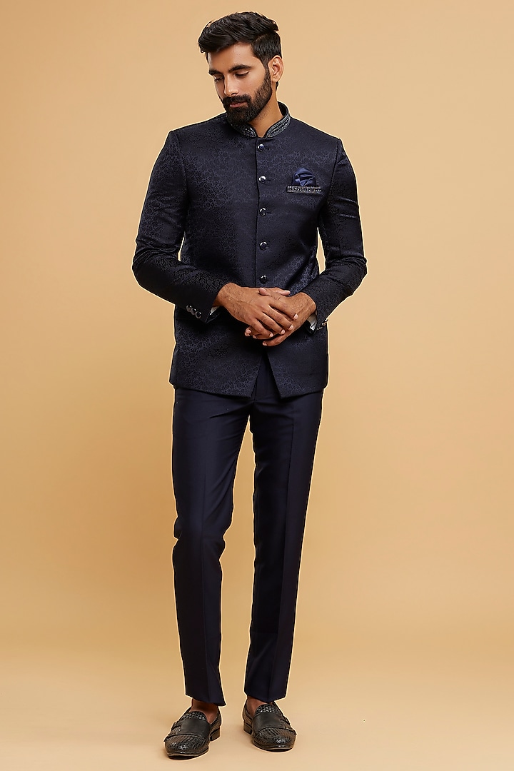Dark Blue Brocade Jodhpuri Set by Twamev