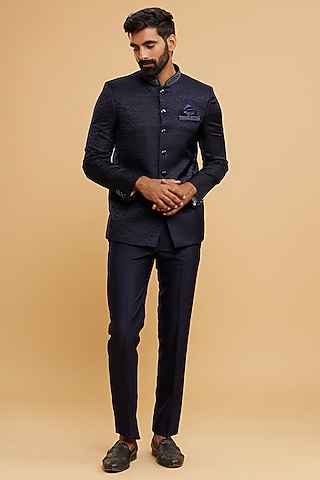 Dark Blue Brocade Jodhpuri Set by Twamev
