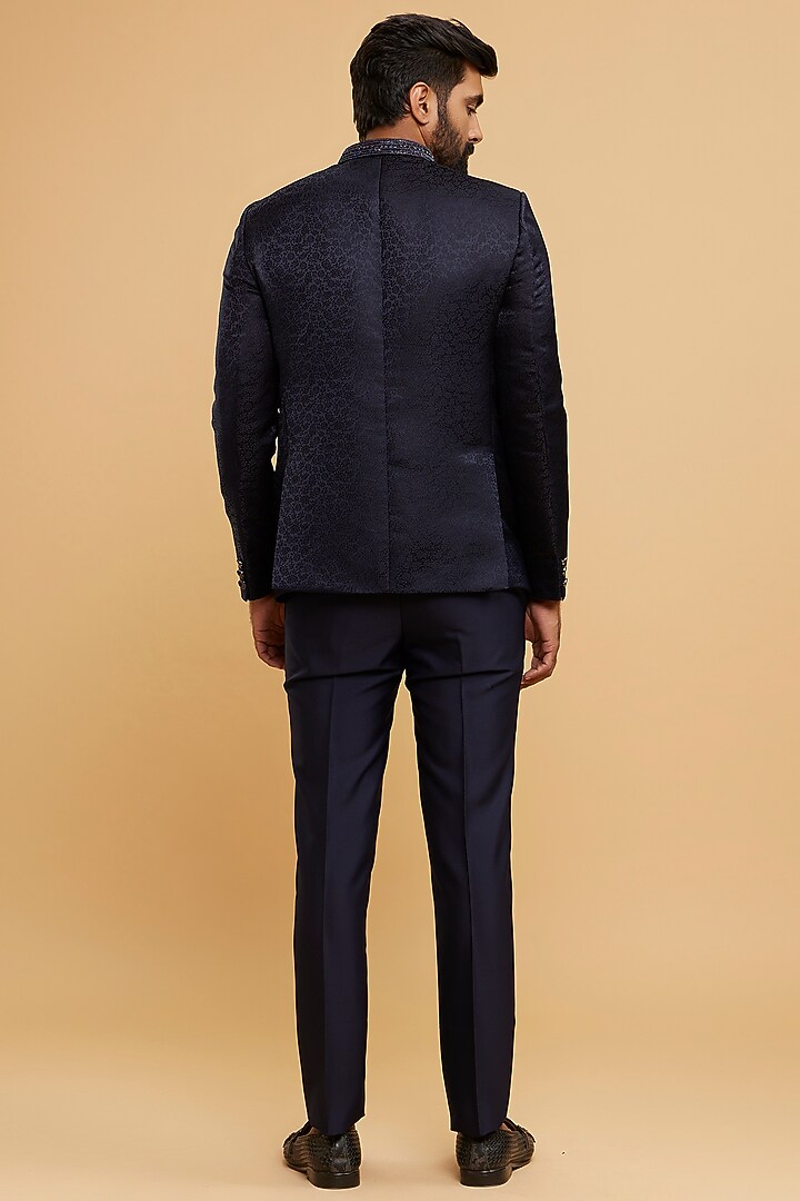 Dark Blue Brocade Jodhpuri Set by Twamev at Pernia's Pop Up Shop