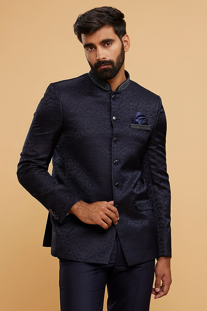 Dark Blue Brocade Jodhpuri Set by Twamev at Pernia's Pop Up Shop