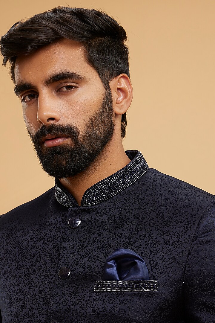 Dark Blue Brocade Jodhpuri Set by Twamev at Pernia's Pop Up Shop