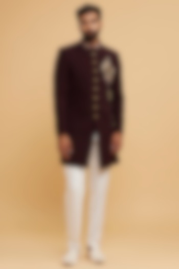 Wine Blended Rayon Hand Embroidered Wedding Indowestern Set by Twamev at Pernia's Pop Up Shop