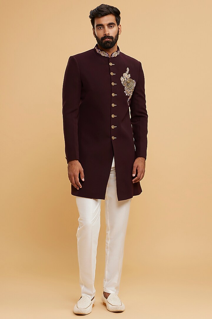 Wine Blended Rayon Hand Embroidered Wedding Indowestern Set by Twamev at Pernia's Pop Up Shop