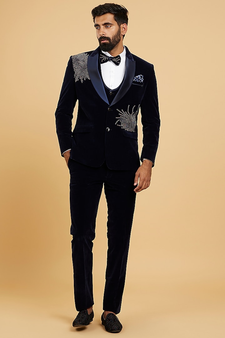 Dark Blue Velvet Blazer Set by Twamev