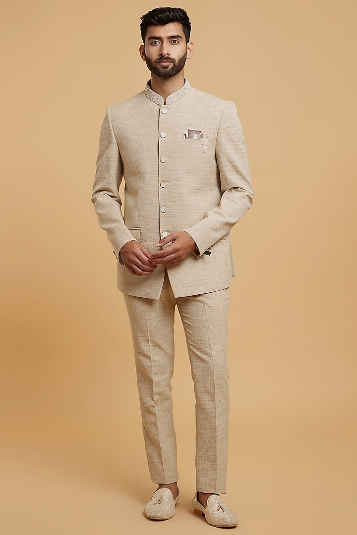 Beige Blended Linen Jodhpuri Set by Twamev