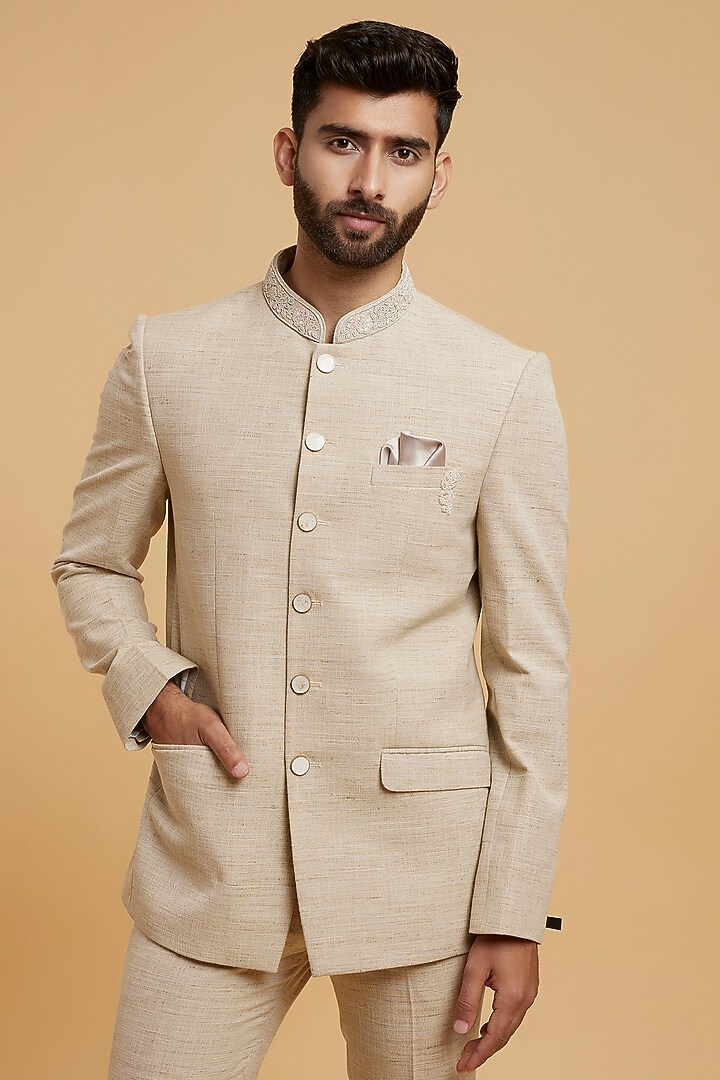 Beige Blended Linen Jodhpuri Set by Twamev at Pernia's Pop Up Shop