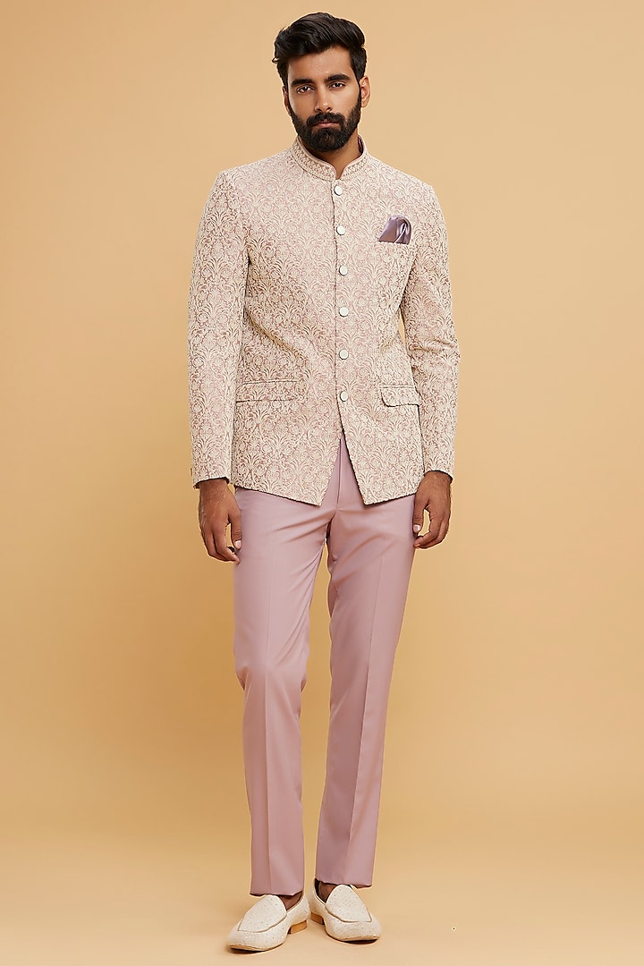 Pink Blended Linen Embroidered Jodhpuri Set by Twamev