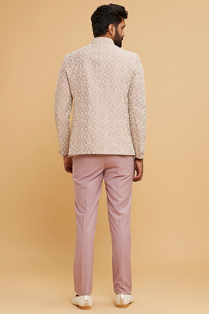Pink Blended Linen Embroidered Jodhpuri Set by Twamev at Pernia's Pop Up Shop