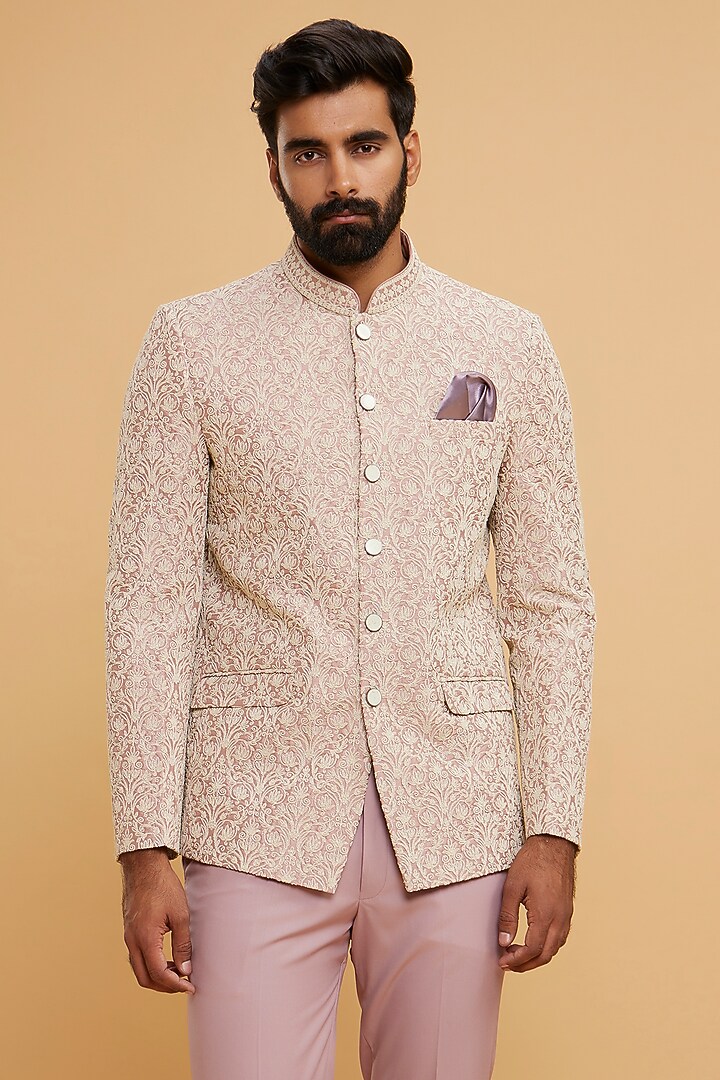 Pink Blended Linen Embroidered Jodhpuri Set by Twamev at Pernia's Pop Up Shop
