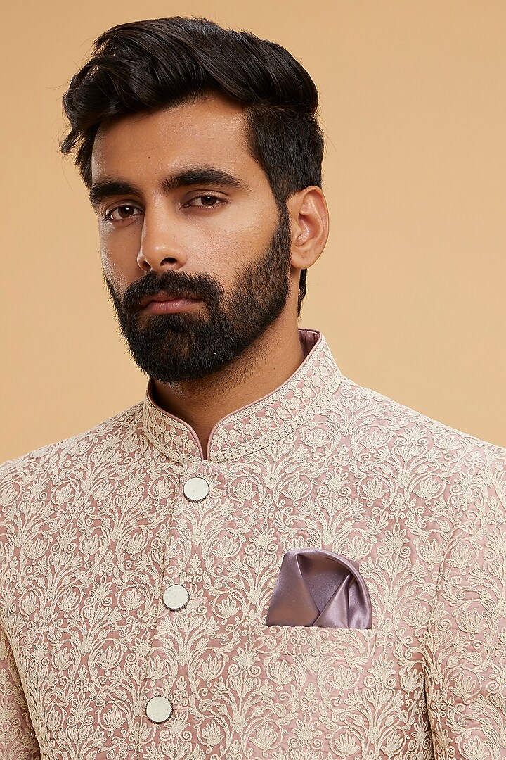 Pink Blended Linen Embroidered Jodhpuri Set by Twamev at Pernia's Pop Up Shop