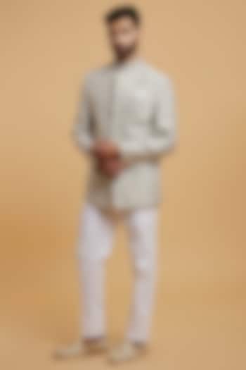 Grey Brocade Jodhpuri Set by Twamev