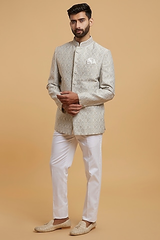Grey Brocade Jodhpuri Set by Twamev