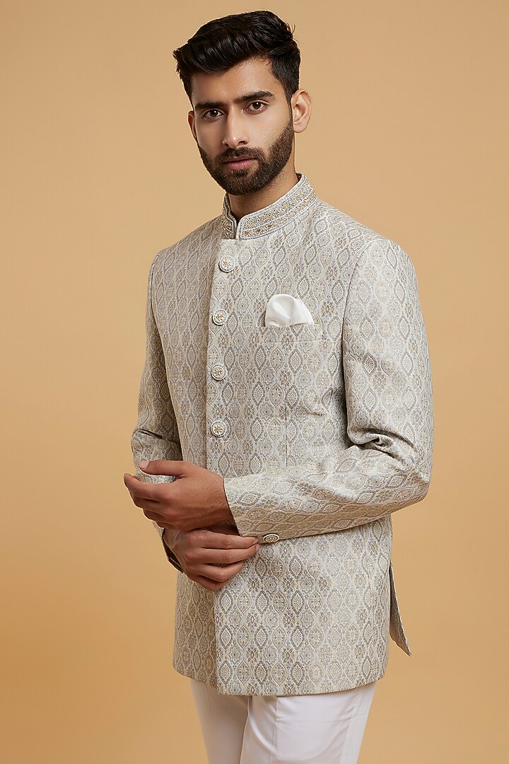 Grey Brocade Jodhpuri Set by Twamev at Pernia's Pop Up Shop