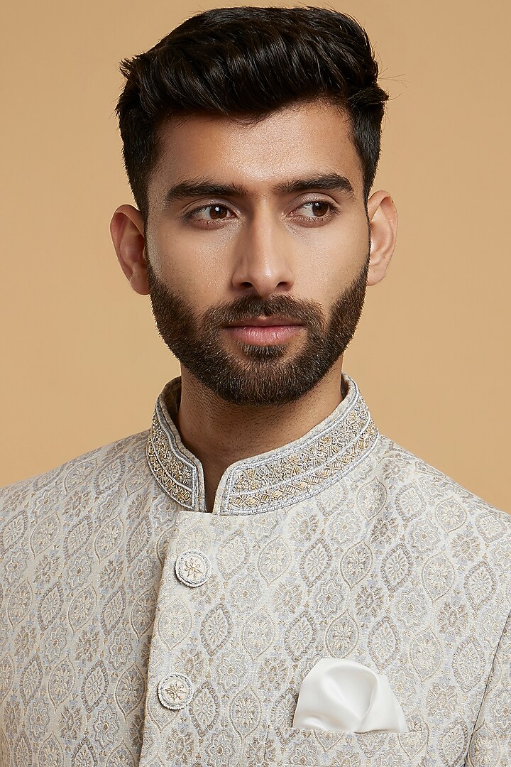 Grey Brocade Jodhpuri Set by Twamev at Pernia's Pop Up Shop
