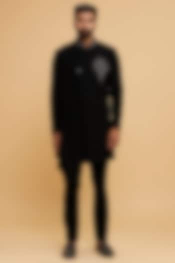 Black Blended Rayon Hand Embroidered Wedding Indowestern Set by Twamev at Pernia's Pop Up Shop