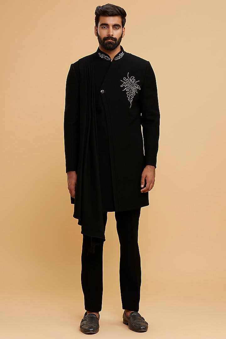 Black Blended Rayon Hand Embroidered Wedding Indowestern Set by Twamev at Pernia's Pop Up Shop