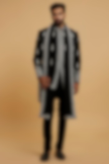 Black Blended Rayon Sequins Embroidered Wedding Indowestern Set by Twamev at Pernia's Pop Up Shop