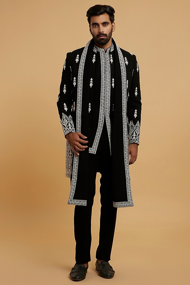 Black Blended Rayon Sequins Embroidered Wedding Indowestern Set by Twamev at Pernia's Pop Up Shop