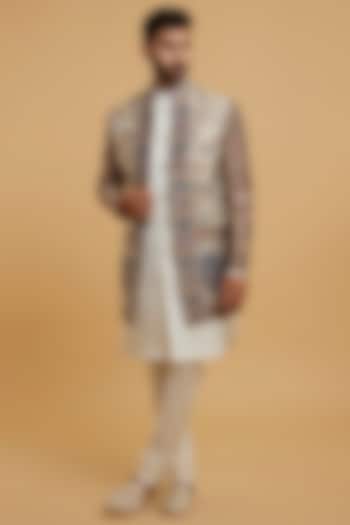 Cream Art Silk Wedding Indowestern Set by Twamev at Pernia's Pop Up Shop