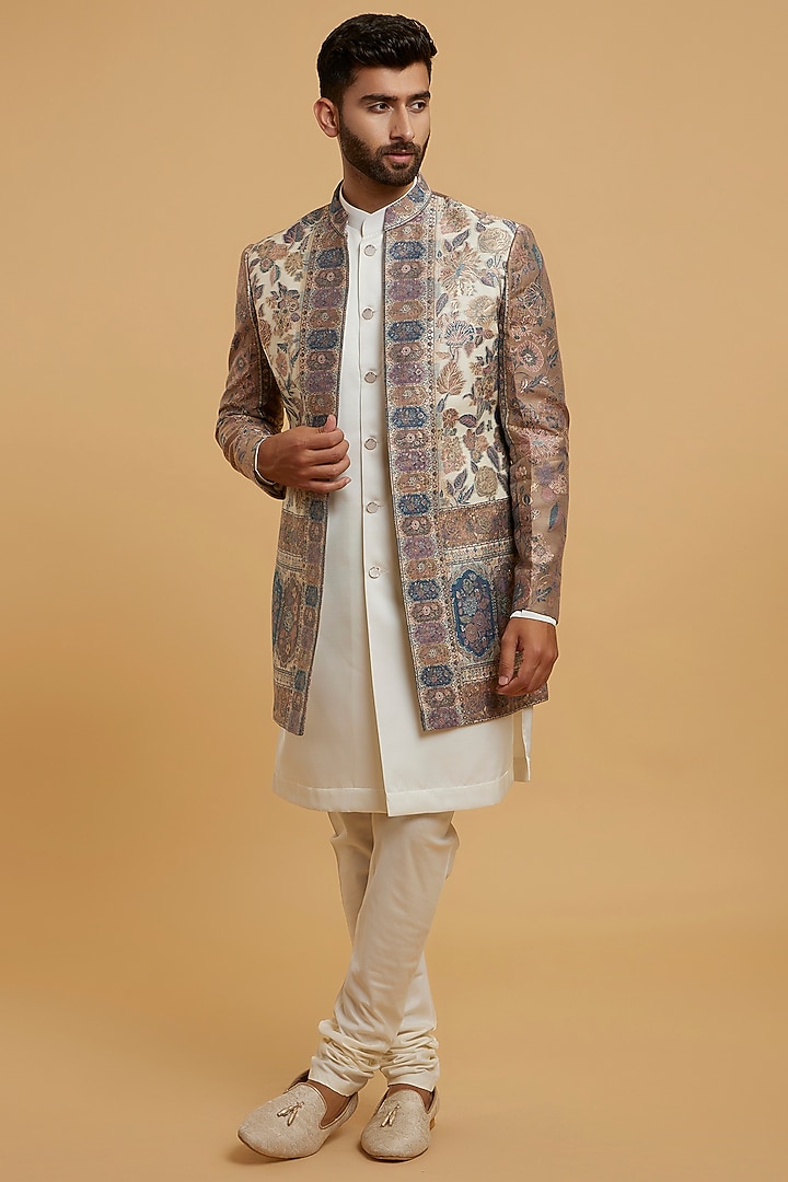 Cream Art Silk Wedding Indowestern Set by Twamev at Pernia's Pop Up Shop