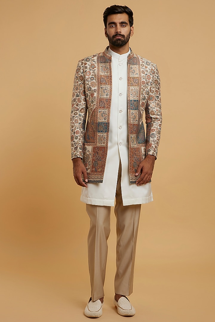 Cream Art Silk Wedding Indowestern Set by Twamev at Pernia's Pop Up Shop