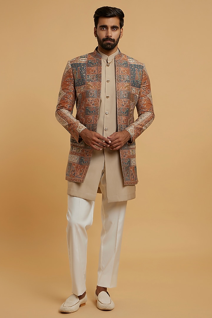 Beige Art Silk Wedding Indowestern Set by Twamev at Pernia's Pop Up Shop