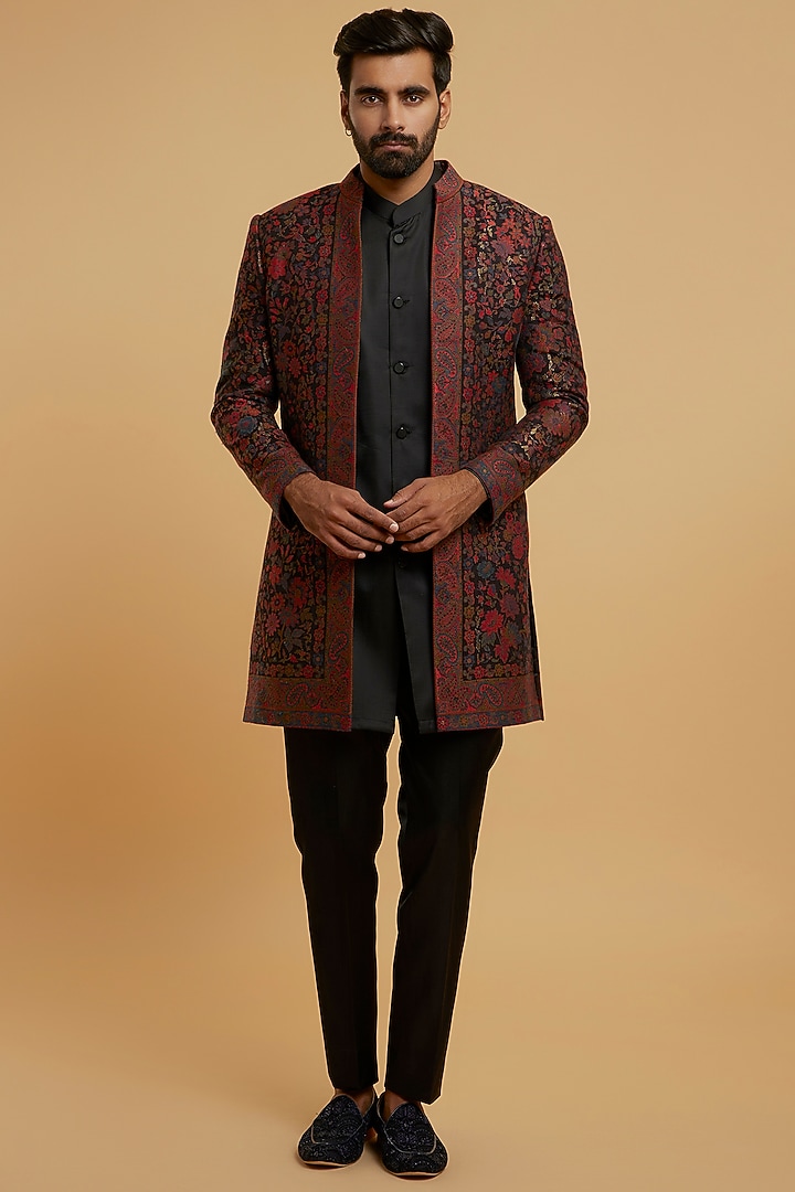 Black Brocade Wedding Indowestern Set by Twamev at Pernia's Pop Up Shop