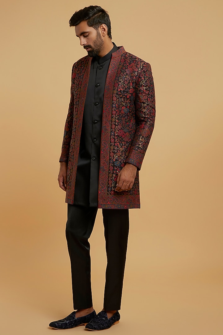 Black Brocade Wedding Indowestern Set by Twamev at Pernia's Pop Up Shop