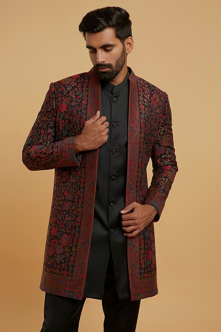 Black Brocade Wedding Indowestern Set by Twamev at Pernia's Pop Up Shop
