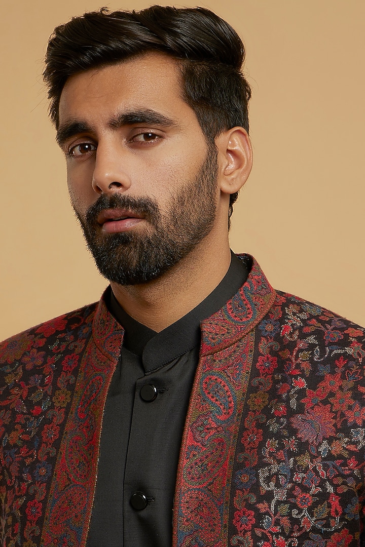 Black Brocade Wedding Indowestern Set by Twamev at Pernia's Pop Up Shop