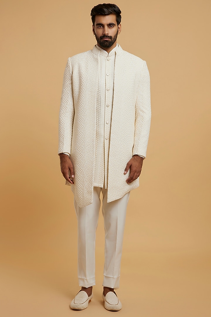 Cream Georgette Sequins Embroidered Wedding Indowestern Set by Twamev at Pernia's Pop Up Shop